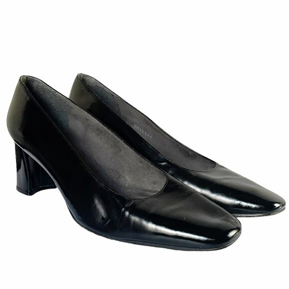 Stuart Weitzman Black Polished Leather Square Toe Block Heel Women’s Size 8W - Picture 8 of 14